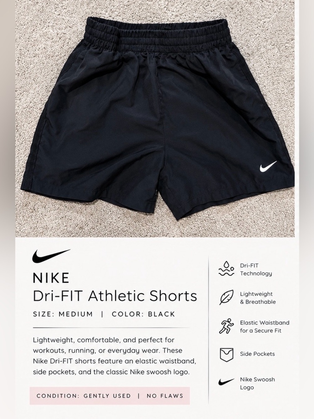 Nike Dri-FIT Youth Medium Black Athletic Running Shorts
